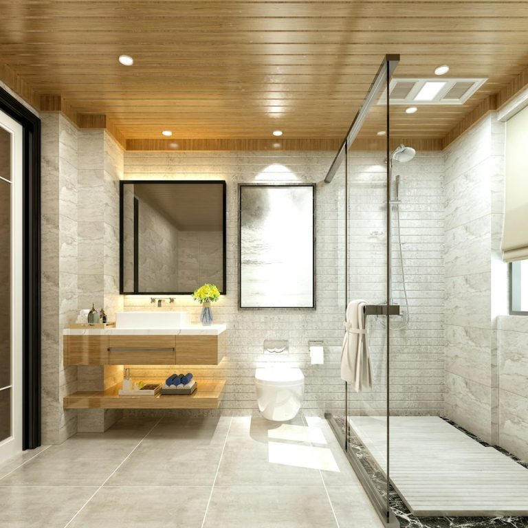 Modernes Badezimmer mit Holzdecke, Glasdusche und stilvollem Waschbecken.
Grundreinigung