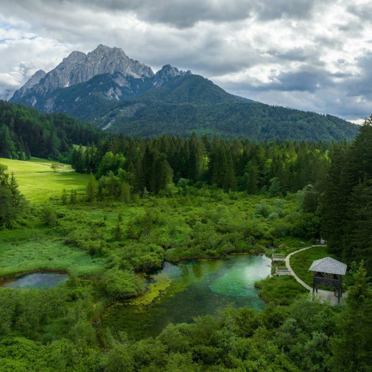 Berglandschaft mit grünen Wäldern und fließenden Gewässern unter bewölktem Himmel.